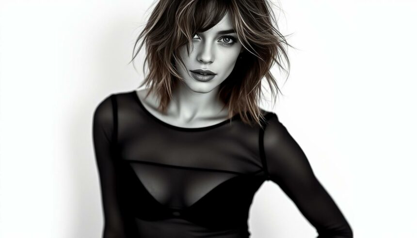 Aufregende Frau in Schwarz-Lingerie, sexy Look, model fotografie, sinnlich, schwarzes Mesh-Outfit, moderne Mode, attraktive Frau.