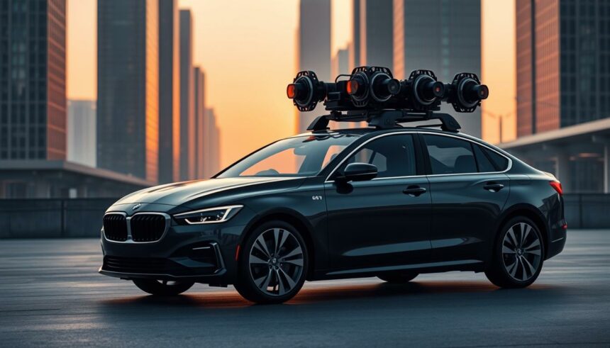 Innovatives auto mit kameradoubling auf dach bei sunset in stadt.