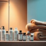 Pflegeprodukte und Handtücher im Badezimmer, entspannte Badewannenatmosphäre, Hygienekonzept.