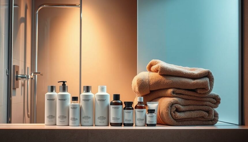 Pflegeprodukte und Handtücher im Badezimmer, entspannte Badewannenatmosphäre, Hygienekonzept.