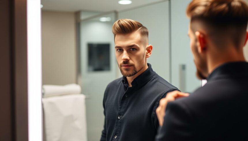 Attraktiver Mann schaut in den Spiegel, Mode und Style im Fokus, grooming, Selbstvertrauen, aktueller Look, Styling-Tipps, Herrenmode, FHM.