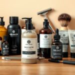 Moosrasiers Rasierprodukten auf Holzoberfläche, Pflege und Styling.