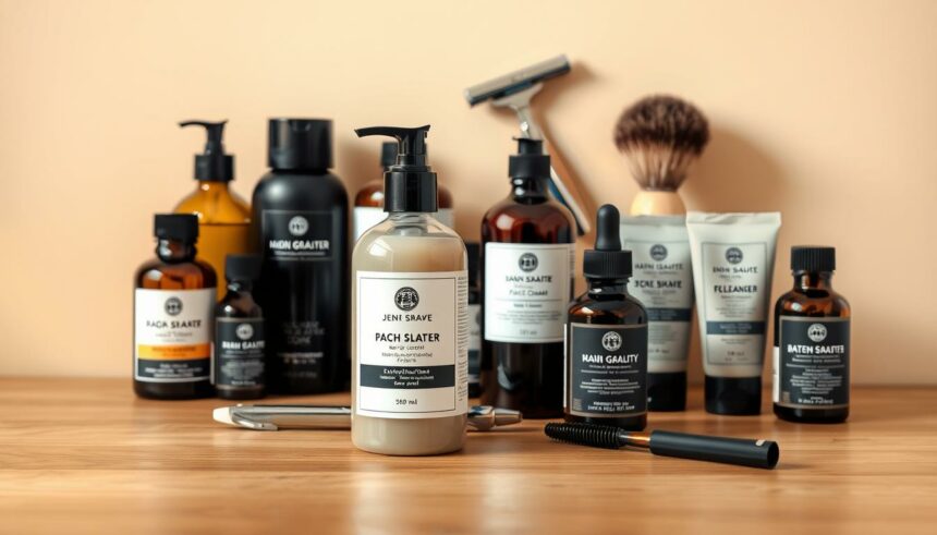 Moosrasiers Rasierprodukten auf Holzoberfläche, Pflege und Styling.