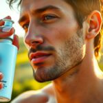 Frischer Mann benutzt Sonnencreme im Sonnenuntergang, natürliche Schönheit, Outdoor-Sonnenschutz, Sommer, Mode.