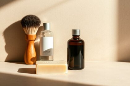 Pflegeprodukte und Rasierutensilien für Männer, nachhaltige und stilvolle Badezimmer-Accessoires.