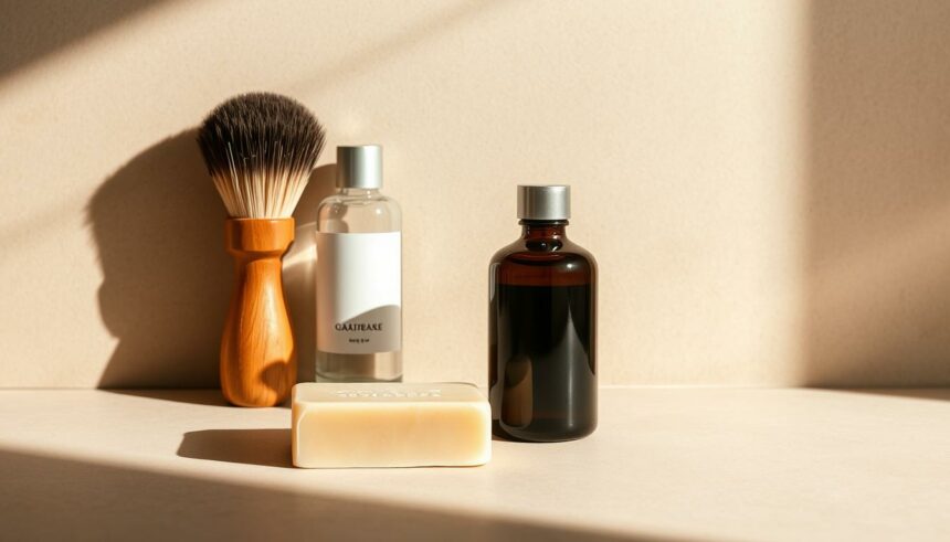 Pflegeprodukte und Rasierutensilien für Männer, nachhaltige und stilvolle Badezimmer-Accessoires.