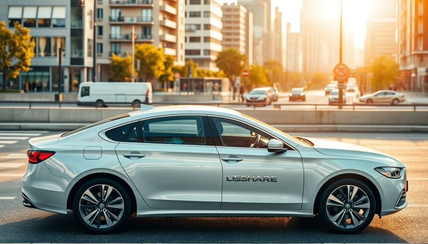 Billede af en moderne bil på byen i solnedgang.