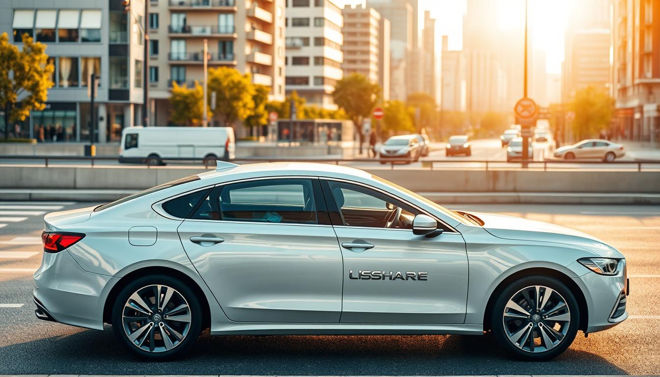 Billede af en moderne bil på byen i solnedgang.