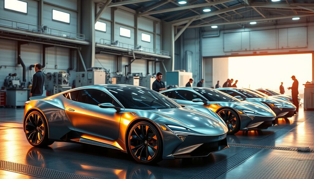 Prompt A high-tech testing facility for solid-state battery-powered vehicles, bathed in warm, golden lighting that casts long shadows across the sleek, futuristic car models. Gleaming metallic exteriors and advanced sensor arrays hint at the revolutionary battery technology powering these next-generation electric prototypes. The scene conveys a sense of innovation and progress, with engineers and technicians busily evaluating the vehicles under close observation. The background features state-of-the-art lab equipment and a vast, cavernous hangar space, creating an immersive, industrial atmosphere. The overall impression is one of cutting-edge automotive engineering, showcasing the promising future of solid-state battery technology in the automotive industry.