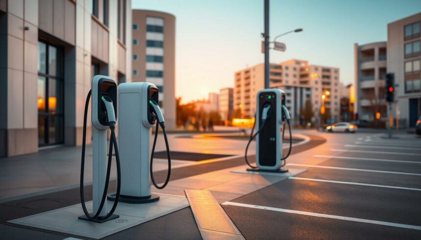 Ladestationen für Elektroautos vor modernen Wohnbauten, umweltfreundliche Mobilität in der Stadt.