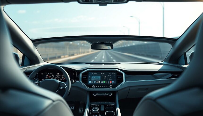 Moderne Autositz- und Armaturenbrett-Design mit Touchscreen, geeignet für Autoenthusiasten.