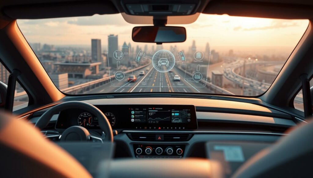 Autonomes Fahrzeug im Stadtverkehr mit intelligente Infotainment- und Navigationssystem.