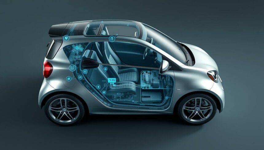E-Auto mit Innenansicht und Technologie-Highlights, umweltfreundliche Mobilität, Elektrofahrzeug Innovationen.