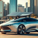 Innovatives Elektroauto mit Solardach in urbaner Skyline Umgebung.