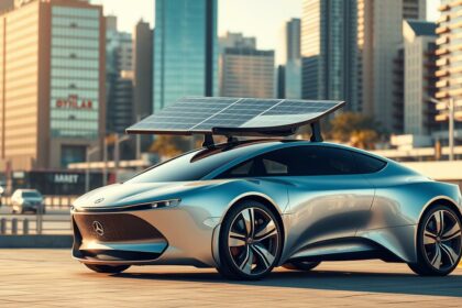 Innovatives Elektroauto mit Solardach in urbaner Skyline Umgebung.