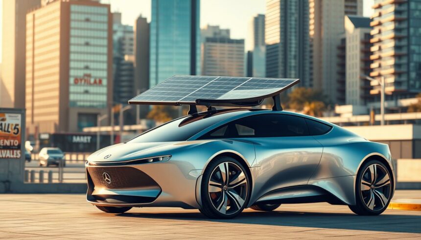Innovatives Elektroauto mit Solardach in urbaner Skyline Umgebung.