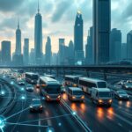 Autokonjunktur in der Stadt bei Sonnenuntergang, moderne Skyline im Hintergrund, Technologie im Verkehrsfluss.