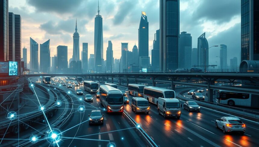 Autokonjunktur in der Stadt bei Sonnenuntergang, moderne Skyline im Hintergrund, Technologie im Verkehrsfluss.