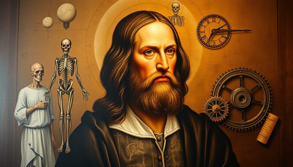 A classical oil painting depicting Leonardo da Vinci's creative principles in a contemporary light. Set against a warm, earthy backdrop, da Vinci's iconic self-portrait gazes thoughtfully, surrounded by symbols of his timeless innovations - anatomical studies, mechanical designs, and masterful brushstrokes. Soft chiaroscuro lighting accentuates the depth and texture, while a sense of timelessness pervades the scene, suggesting the enduring relevance of da Vinci's creative genius. The overall composition conveys a harmonious balance between tradition and modernity, inviting the viewer to ponder the ageless insights of this remarkable polymath.