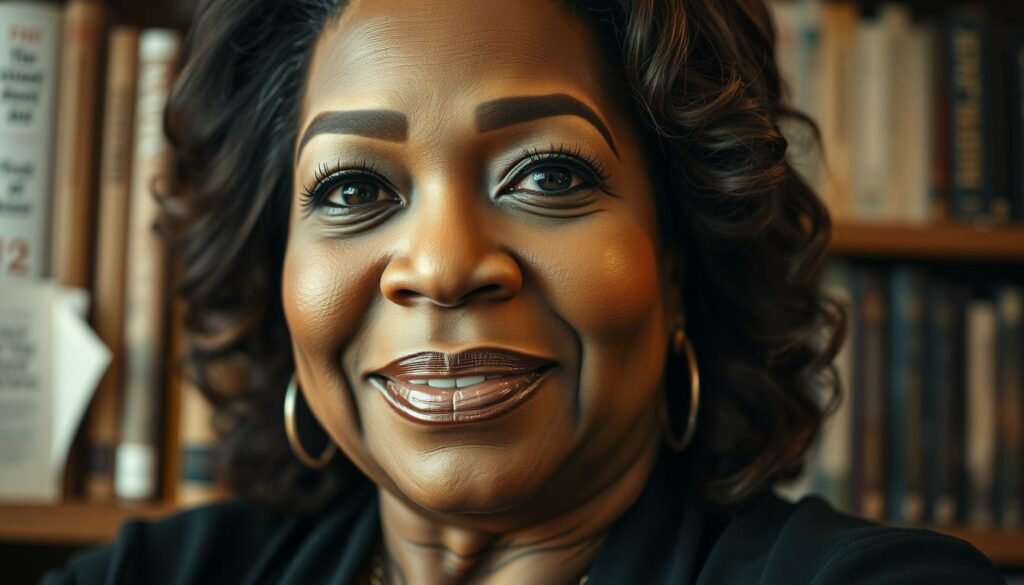 A close-up portrait of Oprah Winfrey, her face radiating warmth and wisdom, set against a softly blurred background of bookshelf spines and scattered notes. Her expression is one of quiet contemplation, hinting at the profound impact and lasting legacy she has left on the world. Gentle studio lighting bathes her in a serene, almost ethereal glow, capturing the essence of her Vermächtnis - the lasting imprint of her remarkable life and work. The overall mood is reflective, inspiring the viewer to consider how they too might leave a meaningful mark on the world.