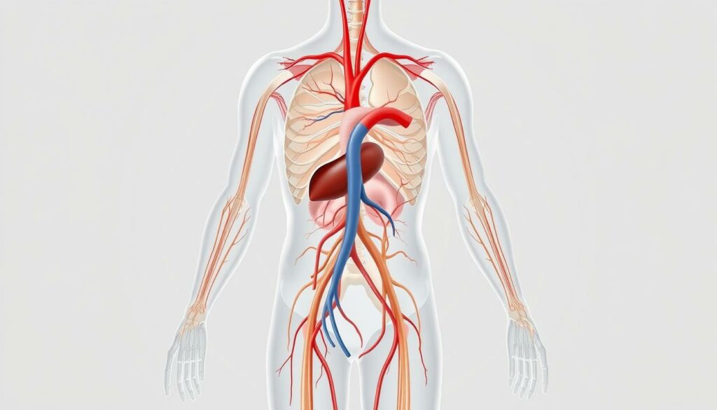 A detailed anatomical illustration of the human circulatory system, depicting the process of blood flow and oxygenation. The image should have a clean, scientific style with a neutral color palette, showcasing the intricate network of veins, arteries, and capillaries in a cross-section of the body. Highlight the circulatory pathways, emphasizing the concept of "durchblutung" (blood flow) and its role in active recovery and tissue regeneration. The illustration should be rendered with a high level of precision and technical accuracy, capturing the dynamic nature of the cardiovascular system and its importance in the context of post-workout recovery.