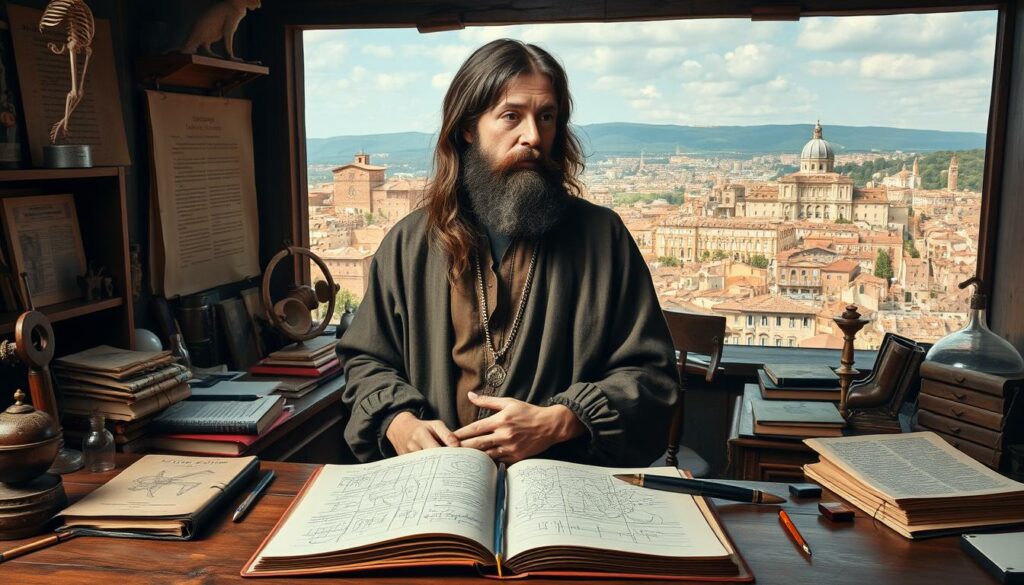 A detailed portrait of Leonardo da Vinci, standing in a well-lit studio, thoughtfully observing his surroundings. In the foreground, a sketchbook and quill lay open, hinting at his meticulous methods of learning and documenting his findings. The middle ground features a collection of scientific instruments, books, and naturalistic specimens, reflecting his wide-ranging curiosity and dedication to empirical study. The background showcases a panoramic view of a Renaissance-era city, evoking the vibrant intellectual climate that nurtured da Vinci's boundless creativity. The overall mood is one of contemplation and the pursuit of knowledge, capturing the essence of da Vinci's innovative approach to problem-solving and artistic expression.