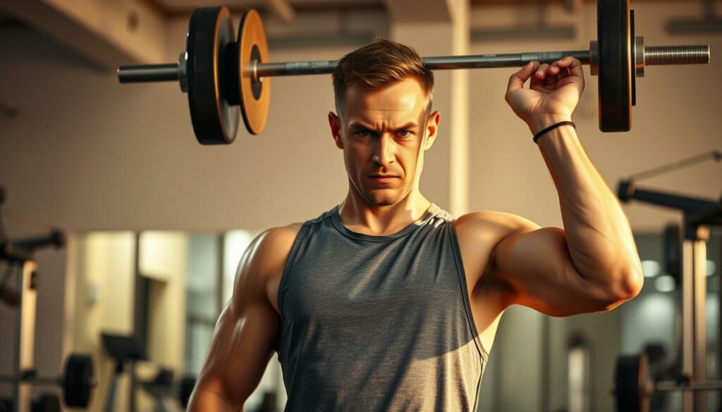 A determined man in his mid-30s, wearing a gray sleeveless workout top and black shorts, stands in a well-lit, modern gym. He is performing a focused, intense weightlifting exercise, his brow furrowed in concentration as he lifts a barbell above his head. The lighting is warm and direct, creating strong shadows that accentuate the muscles of his arms and torso. The background is blurred, with glimpses of other gym equipment and the clean, minimalist interior design. The overall mood is one of dedication, discipline, and the mental and physical benefits of fitness for combating stress.