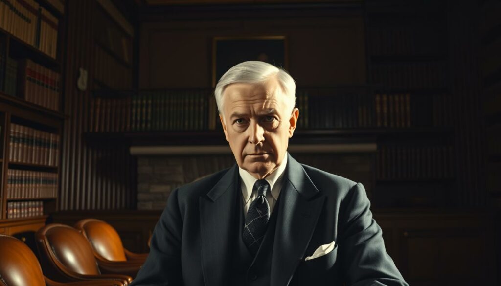 A dimly lit, cozy study with rich wooden furniture and a large, ornate fireplace. In the center, a portrait of a pensive John D. Rockefeller, dressed in a tailored suit, gazes intensely at the viewer. The lighting casts deep shadows, creating a contemplative atmosphere. In the background, rows of leather-bound books line the shelves, hinting at Rockefeller's intellectual pursuits and pragmatic approach to problem-solving. The overall scene evokes a sense of quiet power and measured decision-making, reflecting Rockefeller's renowned pragmatism. A dimly lit, cozy study with rich wooden furniture and a large, ornate fireplace. In the center, a portrait of a pensive John D. Rockefeller, dressed in a tailored suit, gazes intensely at the viewer. The lighting casts deep shadows, creating a contemplative atmosphere. In the background, rows of leather-bound books line the shelves, hinting at Rockefeller's intellectual pursuits and pragmatic approach to problem-solving. The overall scene evokes a sense of quiet power and measured decision-making, reflecting Rockefeller's renowned pragmatism.