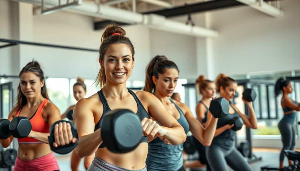 A group of determined women engaged in a focused strength training session in a well-equipped gym. The foreground features several women performing a variety of free-weight exercises with perfect form, their faces expressing a sense of empowerment and concentration. The middle ground showcases additional women using resistance machines, their muscles visibly engaged. The background depicts a clean, bright, and modern gym environment with high ceilings, ample natural light, and minimalist decor. The overall atmosphere conveys a sense of strength, confidence, and camaraderie among the female athletes. A group of determined women engaged in a focused strength training session in a well-equipped gym. The foreground features several women performing a variety of free-weight exercises with perfect form, their faces expressing a sense of empowerment and concentration. The middle ground showcases additional women using resistance machines, their muscles visibly engaged. The background depicts a clean, bright, and modern gym environment with high ceilings, ample natural light, and minimalist decor. The overall atmosphere conveys a sense of strength, confidence, and camaraderie among the female athletes.