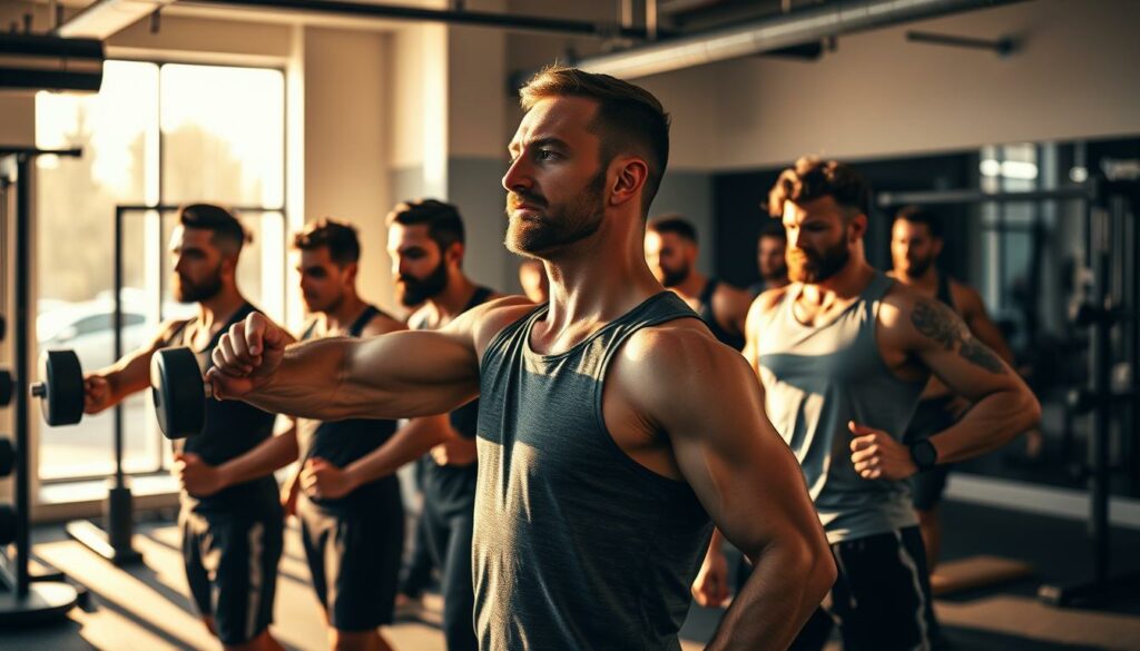 A group of men engaged in a high-intensity group workout session, led by a fitness instructor in the foreground. The men are performing various exercises like weightlifting, bodyweight movements, and plyometrics, with focused expressions on their faces. The lighting is warm and natural, casting long shadows that add depth and drama to the scene. The background is a modern, well-equipped gym with sleek, minimalist design elements. The overall atmosphere conveys a sense of camaraderie, challenge, and a pursuit of fitness goals within a supportive team environment.