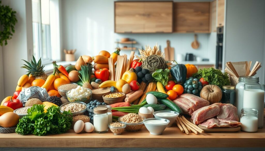 A large, well-stocked kitchen counter filled with an assortment of fresh, high-quality ingredients. Fruits, vegetables, grains, and protein sources like eggs, meat, and dairy are artfully arranged, creating a visually appealing and nourishing display. Soft, warm lighting illuminates the scene, casting a cozy, inviting atmosphere. The countertop is made of a natural, textured material, adding depth and character to the composition. In the background, glimpses of a modern, minimalist kitchen can be seen, hinting at a clean, organized space. The overall impression is one of balance, health, and the essential elements of a well-rounded, muscle-building diet. A large, well-stocked kitchen counter filled with an assortment of fresh, high-quality ingredients. Fruits, vegetables, grains, and protein sources like eggs, meat, and dairy are artfully arranged, creating a visually appealing and nourishing display. Soft, warm lighting illuminates the scene, casting a cozy, inviting atmosphere. The countertop is made of a natural, textured material, adding depth and character to the composition. In the background, glimpses of a modern, minimalist kitchen can be seen, hinting at a clean, organized space. The overall impression is one of balance, health, and the essential elements of a well-rounded, muscle-building diet.
