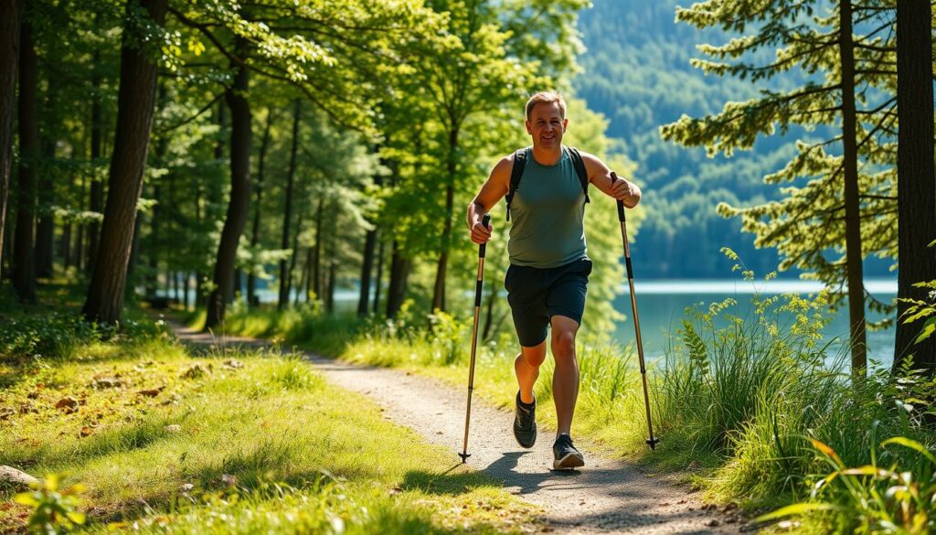 A man in athletic gear engages in Nordic walking, his upper body leaning forward as he strides purposefully across a scenic woodland trail. The foreground features the walker's dynamic movement, with his arms swinging in rhythm and the poles propelling him forward. The middle ground showcases the lush, verdant forest, with sunlight filtering through the canopy of trees. In the background, a serene lake reflects the tranquil setting. The image conveys a sense of physical exertion balanced by the peaceful, invigorating outdoor environment, exemplifying the benefits of Nordic walking as an effective weight-loss exercise. A man in athletic gear engages in Nordic walking, his upper body leaning forward as he strides purposefully across a scenic woodland trail. The foreground features the walker's dynamic movement, with his arms swinging in rhythm and the poles propelling him forward. The middle ground showcases the lush, verdant forest, with sunlight filtering through the canopy of trees. In the background, a serene lake reflects the tranquil setting. The image conveys a sense of physical exertion balanced by the peaceful, invigorating outdoor environment, exemplifying the benefits of Nordic walking as an effective weight-loss exercise.