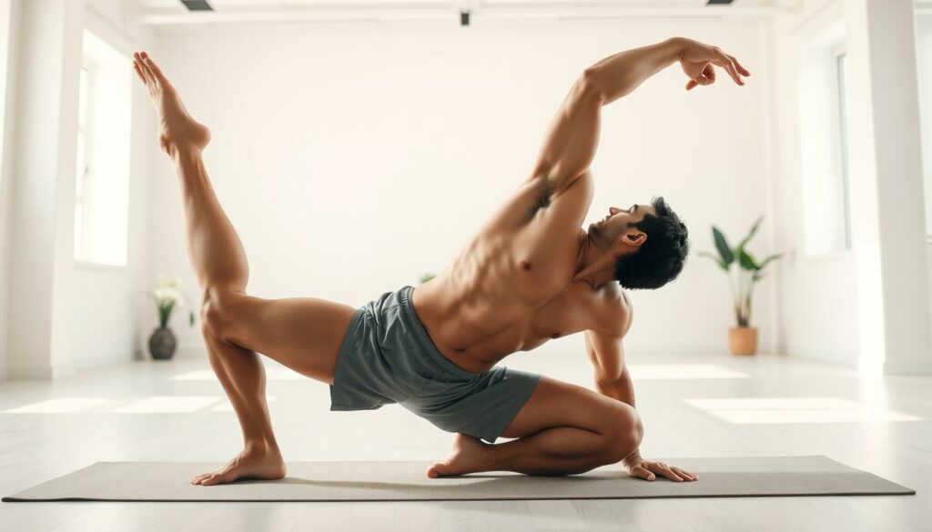 A man performing a mobility exercise in a bright, airy studio. In the foreground, his body is in a stretched, dynamic position, with one leg extended and the other bent, arms reaching overhead. Soft, diffuse lighting from multiple angles accentuates the contours of his muscular physique. In the middle ground, a neutral-toned yoga mat provides a grounded surface, while the background features clean, minimalist decor - perhaps a few plants or simple wall art - creating a serene, focused atmosphere. The pose conveys a sense of controlled flexibility, strength, and intentional movement, reflecting the theme of the article's section on avoiding typical mistakes and unlocking full range of motion without pain.