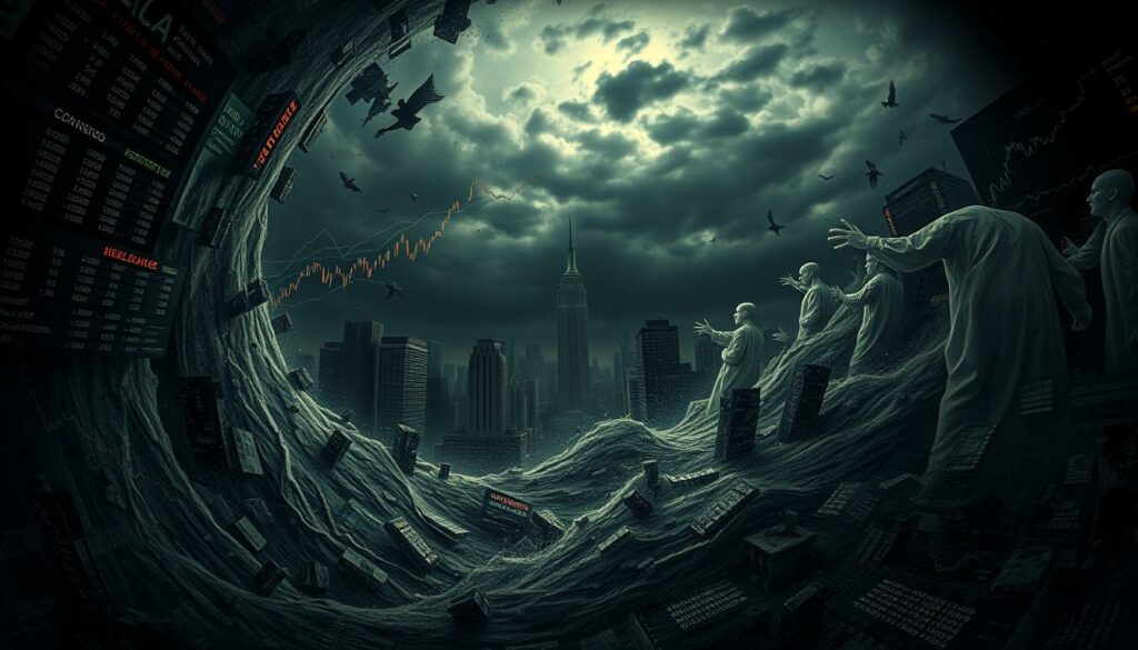 A moody, heavily textured scene depicting the tumultuous and volatile nature of the stock market, as described by Warren Buffett's timeless market insights. In the foreground, a swirling vortex of stock tickers, charts, and financial data, conveying the manic and depressive cycles of the market. The middle ground features a dim, ominous cityscape silhouetted against an ominous, roiling sky, symbolizing the uncertainty and unpredictability of market forces. Scattered across the frame, ghostly, abstract shapes and distorted figures represent the emotional impact of market volatility on investors. Lighting is dramatically chiaroscuro, with deep shadows and highlights, enhancing the sense of drama and tension. The overall composition and mood evokes the timeless wisdom and caution that Warren Buffett has shared regarding the nature of the stock market. A moody, heavily textured scene depicting the tumultuous and volatile nature of the stock market, as described by Warren Buffett's timeless market insights. In the foreground, a swirling vortex of stock tickers, charts, and financial data, conveying the manic and depressive cycles of the market. The middle ground features a dim, ominous cityscape silhouetted against an ominous, roiling sky, symbolizing the uncertainty and unpredictability of market forces. Scattered across the frame, ghostly, abstract shapes and distorted figures represent the emotional impact of market volatility on investors. Lighting is dramatically chiaroscuro, with deep shadows and highlights, enhancing the sense of drama and tension. The overall composition and mood evokes the timeless wisdom and caution that Warren Buffett has shared regarding the nature of the stock market.