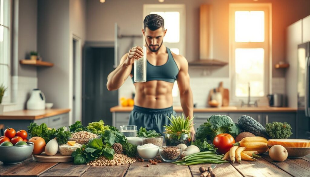 A muscular male figure in a bright, inviting kitchen setting. In the foreground, an array of healthy, nutrient-dense foods like leafy greens, whole grains, and lean proteins are neatly arranged on a rustic wooden table. The figure, clad in athletic wear, stands in the middle ground, focused on replenishing a glass of clear, refreshing liquid. Warm, natural lighting from large windows illuminates the scene, conveying a sense of vitality and rejuvenation. The background features minimalist, clean-lined cabinetry and appliances, hinting at a modern, wellness-oriented lifestyle. The overall composition emphasizes the synergy between proper nutrition, hydration, and muscle recovery.