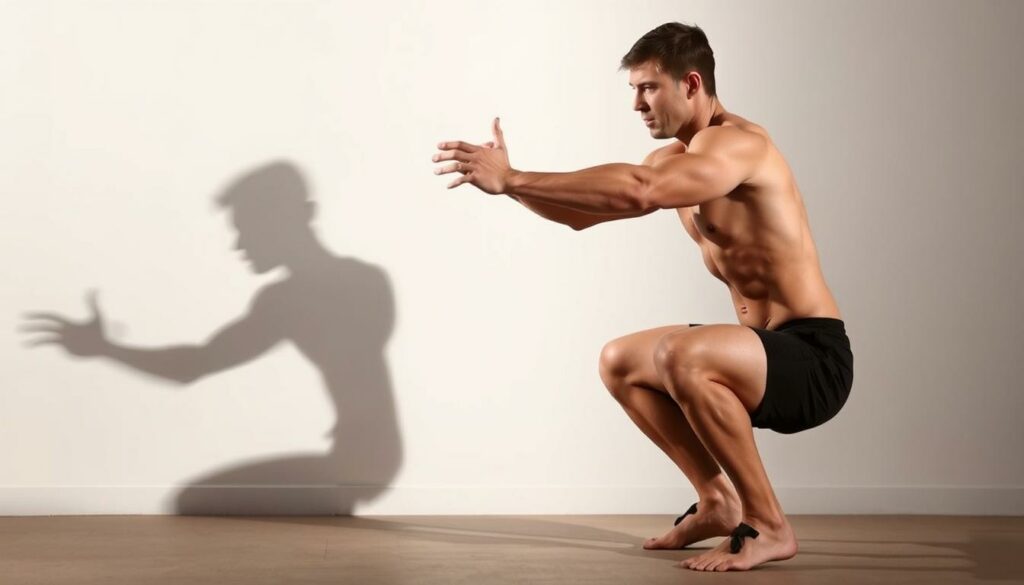 A muscular person performing a deep squat, known as "kniebeugen" in German, against a clean, minimalist background. The subject is lit from the side, casting dramatic shadows that highlight the tension in their muscles. The figure is captured mid-motion, their legs bent at a 90-degree angle, torso upright, arms extended in front for balance. The surroundings are plain, with a neutral color palette that keeps the focus on the exercise technique. The scene conveys a sense of controlled power and precision, reflecting the careful consideration of exercise intensity discussed in the article. A muscular person performing a deep squat, known as "kniebeugen" in German, against a clean, minimalist background. The subject is lit from the side, casting dramatic shadows that highlight the tension in their muscles. The figure is captured mid-motion, their legs bent at a 90-degree angle, torso upright, arms extended in front for balance. The surroundings are plain, with a neutral color palette that keeps the focus on the exercise technique. The scene conveys a sense of controlled power and precision, reflecting the careful consideration of exercise intensity discussed in the article.