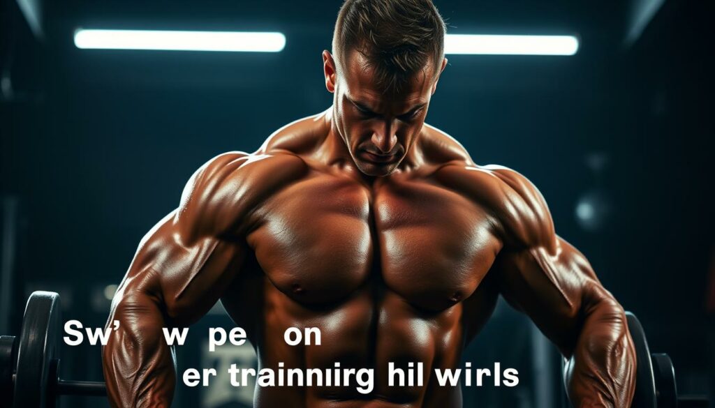 A muscular, shirtless bodybuilder stands in a dimly lit gym, his sculpted physique highlighted by dramatic studio lighting. Beads of sweat glisten on his skin as he focuses intently on a series of intense lifting exercises, his expression one of steely determination. The background is blurred, drawing the viewer's attention to the subject's intense training regimen. The scene conveys a sense of discipline, commitment, and the relentless pursuit of physical perfection - embodying the essence of Arnie's specific training wisdom.