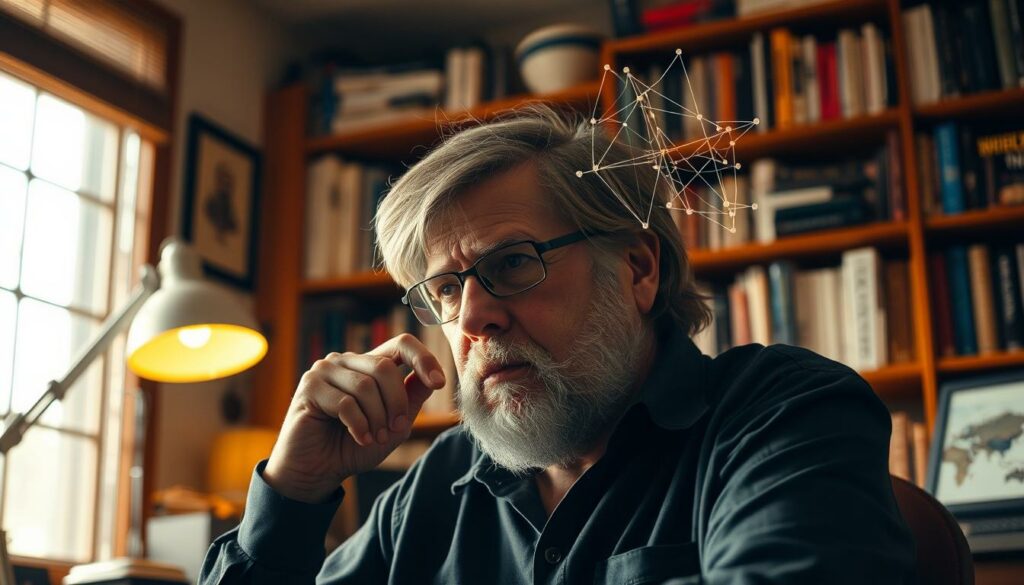 A pensive Steve Wozniak, co-founder of Apple, sits in a well-lit home office, lost in thought. Warm lighting from a desk lamp and large window illuminates his face, capturing his deep contemplation. The background features a bookshelf filled with tomes on technology and innovation, hinting at his vast knowledge and philosophies. An abstract diagram or schematic hovers in the air, representing the creative spark and innovative mindset that defined his legendary career. The composition conveys a sense of intellectual curiosity, problem-solving, and the pursuit of groundbreaking ideas that have shaped the world of technology.
