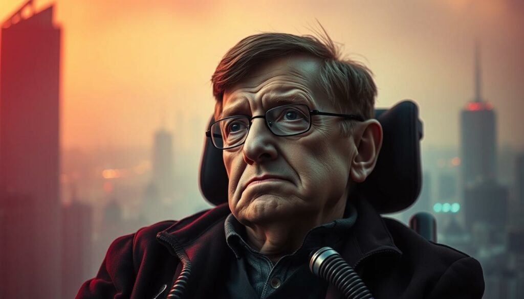 A pensive, brooding portrait of Stephen Hawking, his brow furrowed, gazing out with a contemplative expression. The background is a hazy, dystopian cityscape, bathed in an ominous red-orange glow, conveying a sense of global catastrophe and impending doom. Subtle details like Hawking's wheelchair and respirator tube hint at the fragility of the human condition in the face of existential threats. Dramatic high-contrast lighting emphasizes the intensity of Hawking's expression, underscoring the urgency of his warnings about the perils facing humanity. An atmospheric, cinematic feel evokes the weight and gravity of Hawking's insights on the critical challenges confronting the world.
