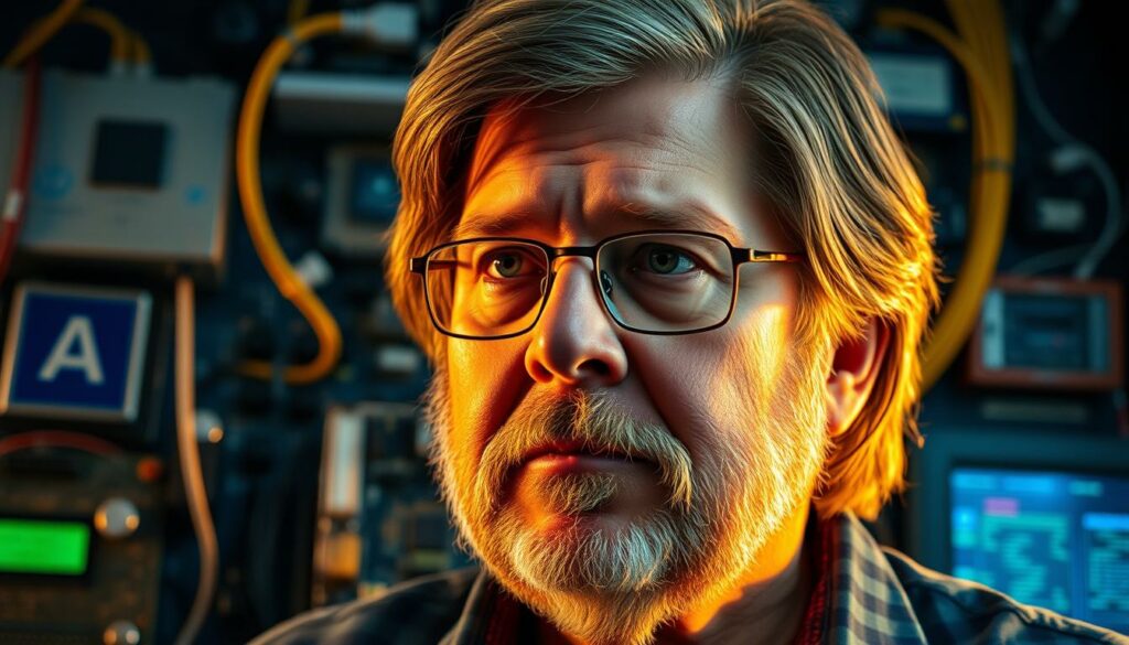 A portrait of Steve Wozniak, co-founder of Apple, looking pensive and critical against a backdrop of various technology devices and circuits. Wozniak is depicted in a close-up, his face illuminated by a warm, directional light that casts dramatic shadows, emphasizing his thoughtful expression. The foreground is sharp and detailed, while the background features a blurred array of electronic components, cables, and displays, hinting at the complex and ever-evolving technological landscape that Wozniak has both embraced and criticized over the years. The overall mood is one of introspection and a critical examination of the role of technology in modern society.