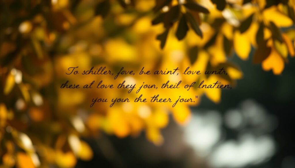 A serene and timeless scene of love and reflection. In the foreground, a delicate, handwritten script of Schiller's eloquent words on love, rendered in warm, earthy tones. Behind it, a soft, blurred background of lush, autumnal foliage, hinting at the changing seasons and the passage of time. Subtle golden light filters through the leaves, casting a gentle, contemplative glow over the entire composition. The overall mood is one of tranquility, introspection, and the enduring power of Schiller's timeless insights into the human heart.