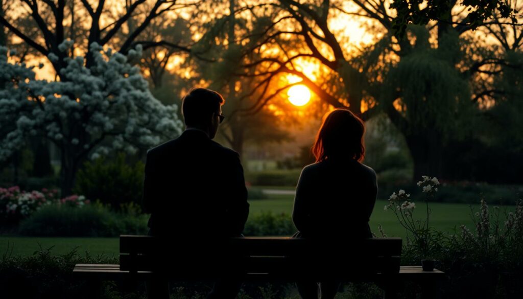 A serene, contemplative scene of two figures seated on a wooden bench, deep in thoughtful discussion. The foreground depicts their silhouettes, faces obscured, bodies language conveying a sense of emotional intimacy and vulnerability. The middle ground features a lush, verdant garden, with blossoming flowers and towering trees casting gentle, dappled shadows. In the background, a warm, golden-hued sunset paints the sky, imbuing the scene with a sense of tranquility and introspection. The lighting is soft and diffused, creating a sense of introspection and thoughtfulness. The lens is wide, capturing the full scope of the scene, inviting the viewer to step into the moment and ponder the nuances of human relationships. A serene, contemplative scene of two figures seated on a wooden bench, deep in thoughtful discussion. The foreground depicts their silhouettes, faces obscured, bodies language conveying a sense of emotional intimacy and vulnerability. The middle ground features a lush, verdant garden, with blossoming flowers and towering trees casting gentle, dappled shadows. In the background, a warm, golden-hued sunset paints the sky, imbuing the scene with a sense of tranquility and introspection. The lighting is soft and diffused, creating a sense of introspection and thoughtfulness. The lens is wide, capturing the full scope of the scene, inviting the viewer to step into the moment and ponder the nuances of human relationships.