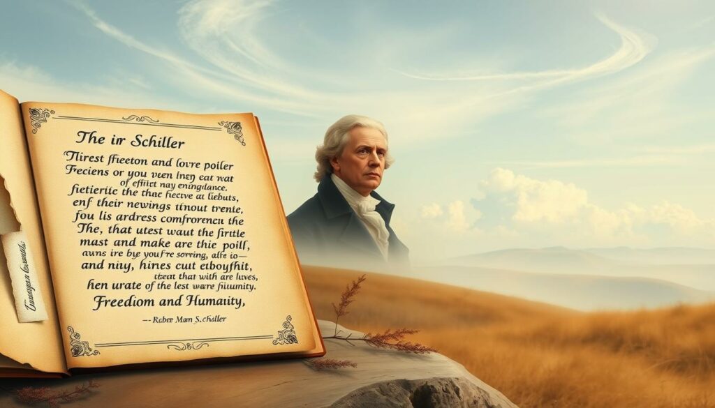 A serene, contemplative scene showcasing Schiller's timeless quotes on freedom and humanity. In the foreground, a beautifully illuminated manuscript displays his iconic words in an elegant calligraphic style. Surrounding it, a soft, muted palette of warm earth tones and gentle brushstrokes evoke a sense of profound reflection. In the middle ground, a classic portrait of Schiller gazes thoughtfully, his expression capturing the depth and nuance of his philosophical musings. The background features a tranquil, ethereal landscape, with wispy clouds and a subtle play of light and shadow, creating an atmosphere of transcendent wisdom and enduring inspiration.