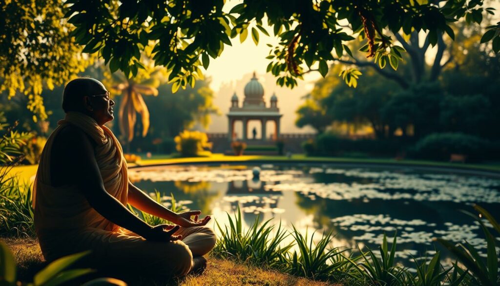 A serene garden landscape, illuminated by warm sunlight filtering through lush foliage. In the foreground, a contemplative figure seated in a meditative pose, their expression one of inner peace and profound contemplation. The middle ground features a tranquil pond reflecting the surrounding greenery, symbolizing the interconnectedness of all things. In the background, a subtle silhouette of a traditional Indian temple, its architecture evoking a sense of timeless wisdom and spirituality. The overall atmosphere conveys a harmonious balance between the individual, nature, and the divine, encapsulating the essence of Mahatma Gandhi's societal vision and moral teachings.