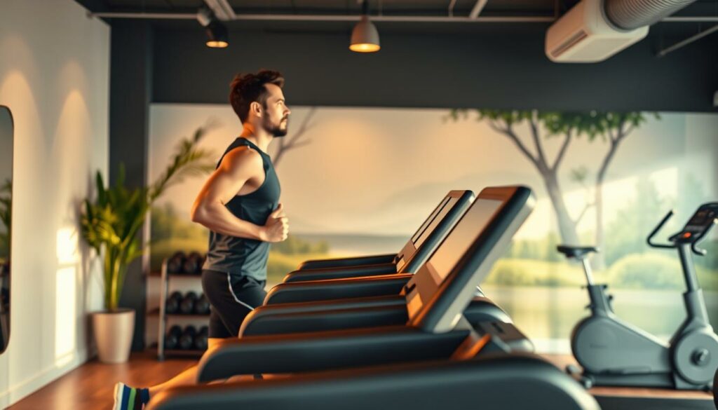 A serene indoor fitness studio bathed in warm, soft lighting. In the foreground, a person is running on a treadmill, their focus and determination evident in their expression. The middle ground features a selection of exercise equipment - free weights, resistance bands, and a stationary bike. The background depicts a tranquil, nature-inspired mural, creating a calming and rejuvenating atmosphere. The scene conveys the benefits of combining cardio and strength training, encouraging a balanced approach to physical fitness.