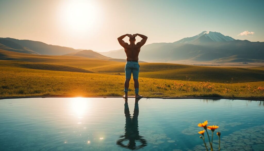 A serene landscape bathed in warm, golden light, where a solitary figure stands tall, muscles rippling as they stretch and flex, symbolizing the power of regeneration. In the foreground, a crystalline pool reflects the figure's silhouette, its tranquil surface mirroring the calm and focus of the scene. In the middle ground, a lush, verdant meadow stretches out, dotted with vibrant wildflowers that sway gently in the breeze. The background is dominated by rolling hills and a distant mountain range, their peaks capped with pristine snow, evoking a sense of grandeur and timelessness. The overall mood is one of strength, resilience, and the invigorating embrace of nature. A serene landscape bathed in warm, golden light, where a solitary figure stands tall, muscles rippling as they stretch and flex, symbolizing the power of regeneration. In the foreground, a crystalline pool reflects the figure's silhouette, its tranquil surface mirroring the calm and focus of the scene. In the middle ground, a lush, verdant meadow stretches out, dotted with vibrant wildflowers that sway gently in the breeze. The background is dominated by rolling hills and a distant mountain range, their peaks capped with pristine snow, evoking a sense of grandeur and timelessness. The overall mood is one of strength, resilience, and the invigorating embrace of nature.