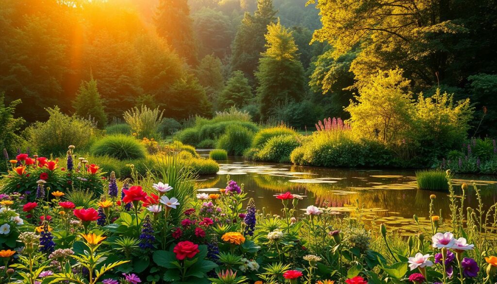 A serene landscape bathed in warm, golden light, with a lush, verdant forest in the background. In the foreground, a vibrant, blooming garden bursting with colorful flowers and thriving plants, symbolizing the process of regeneration. A peaceful pond reflects the surrounding foliage, creating a calming, mirror-like surface. The scene conveys a sense of renewal, balance, and the restorative power of nature. Soft, diffused lighting filters through the canopy, casting gentle shadows and highlights that accentuate the organic textures and forms. The overall atmosphere is one of tranquility, harmony, and the natural cycle of growth and rejuvenation. A serene landscape bathed in warm, golden light, with a lush, verdant forest in the background. In the foreground, a vibrant, blooming garden bursting with colorful flowers and thriving plants, symbolizing the process of regeneration. A peaceful pond reflects the surrounding foliage, creating a calming, mirror-like surface. The scene conveys a sense of renewal, balance, and the restorative power of nature. Soft, diffused lighting filters through the canopy, casting gentle shadows and highlights that accentuate the organic textures and forms. The overall atmosphere is one of tranquility, harmony, and the natural cycle of growth and rejuvenation.