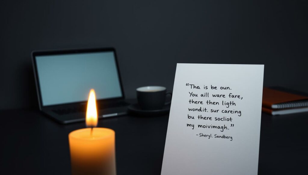 A serene, minimalist scene depicting a career-inspired motivation. In the foreground, a single candle flame flickers, its warm light casting a soft glow across the composition. The middle ground features a simple desk with a laptop, a cup of coffee, and a single sheet of paper with handwritten inspirational quotes by Sheryl Sandberg. The background is a dimly lit, neutral space, allowing the focal elements to take center stage. The overall atmosphere is one of quiet contemplation and determination, inviting the viewer to reflect on their own career path and the motivational words that can help them persevere.