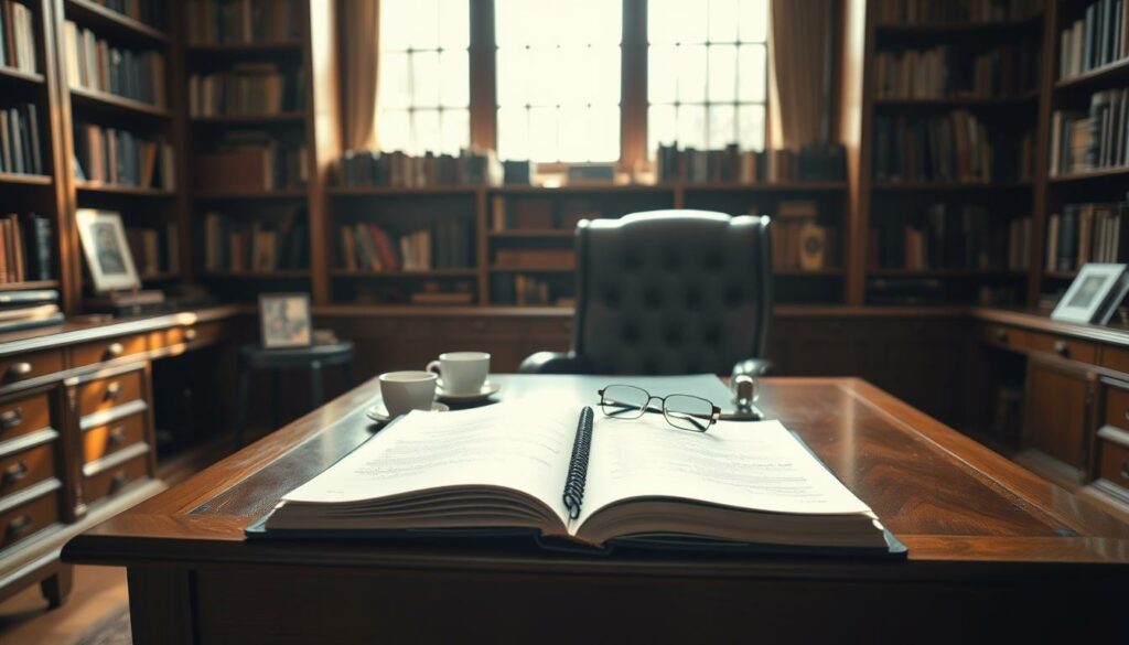 A serene office setting with a large wooden desk, a high-backed leather chair, and a wall of bookshelves in the background. On the desk, an open book with handwritten notes, a cup of coffee, and a pair of reading glasses. Soft, natural lighting filters in through large windows, casting a warm glow over the scene. A sense of thoughtfulness and introspection pervades the environment, reflecting Warren Buffett's renowned management philosophy and wisdom. A serene office setting with a large wooden desk, a high-backed leather chair, and a wall of bookshelves in the background. On the desk, an open book with handwritten notes, a cup of coffee, and a pair of reading glasses. Soft, natural lighting filters in through large windows, casting a warm glow over the scene. A sense of thoughtfulness and introspection pervades the environment, reflecting Warren Buffett's renowned management philosophy and wisdom.