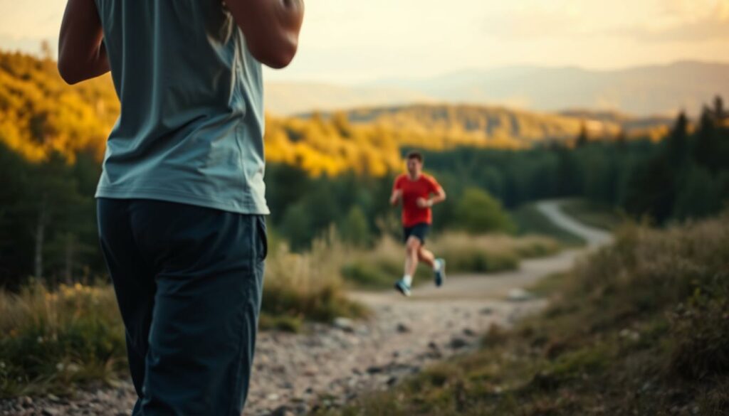A serene outdoor scene showcasing the synergy of body and mind. In the foreground, a person stands tall, engaging in a grounding neurogenes trembling exercise, their limbs trembling with focused intent. Behind them, a picturesque landscape unfolds, featuring a lush, verdant forest bathed in soft, warm lighting. In the middle ground, a runner strides purposefully along a winding trail, their movements in harmony with the rhythmic pulse of their heartbeat. The overall atmosphere exudes a sense of tranquility and balance, capturing the essence of the "Körper Geist Aktivität" concept. Subtle camera angles and a cinematic lens quality enhance the depth and immersion of the scene.